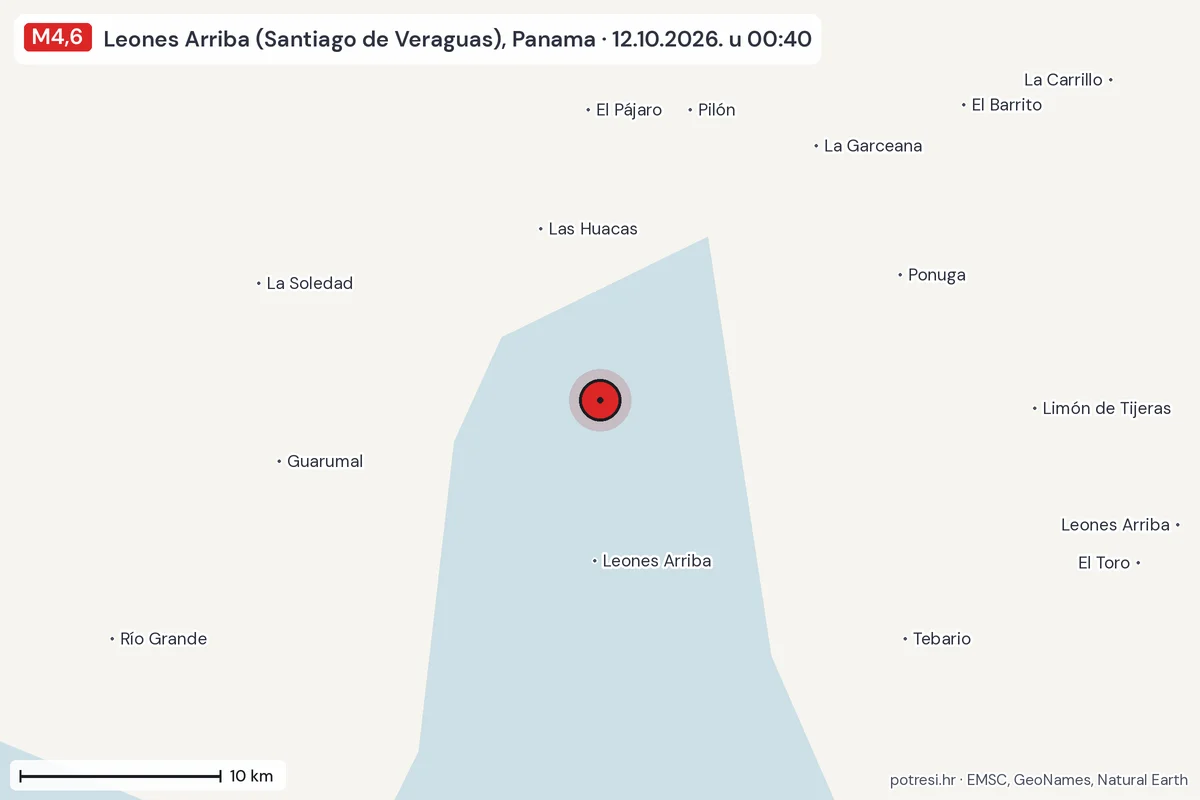 Karta: okolica epicentra, 60 km, potres M4,6, Leones Arriba (Santiago de Veraguas), Panama, 12.10.2026.