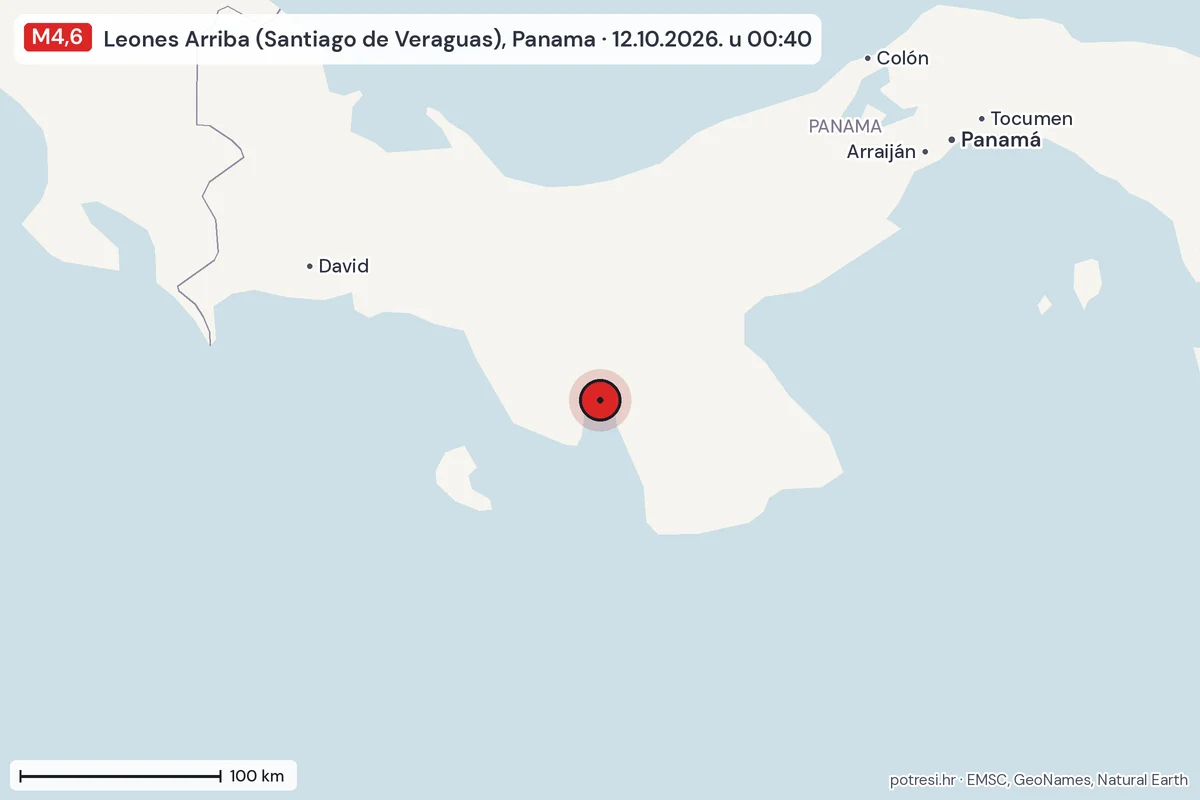 Karta: šire područje, 600 km, potres M4,6, Leones Arriba (Santiago de Veraguas), Panama, 12.10.2026.