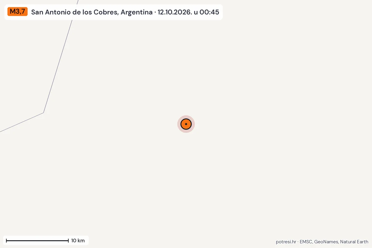 Karta: okolica epicentra, 60 km, potres M3,7, San Antonio de los Cobres, Argentina, 12.10.2026.