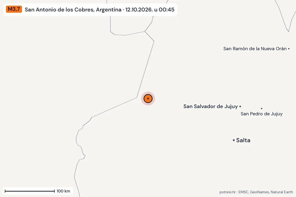 Karta: šire područje, 600 km, potres M3,7, San Antonio de los Cobres, Argentina, 12.10.2026.