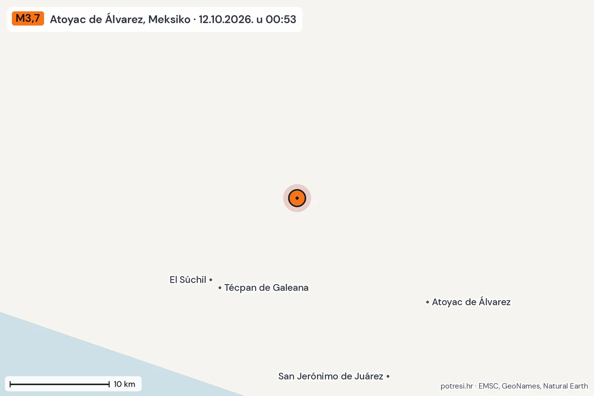 Karta: okolica epicentra, 60 km, potres M3,7, Atoyac de Álvarez, Meksiko, 12.10.2026.