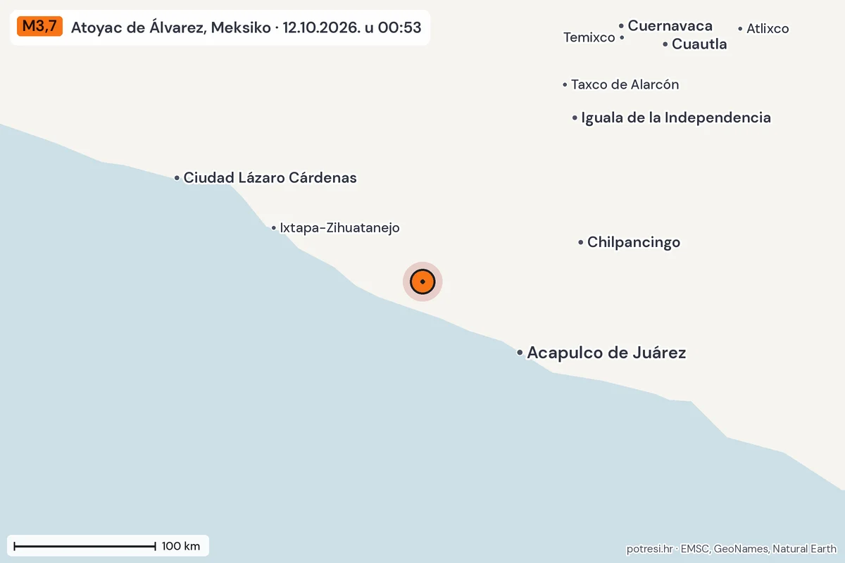 Karta: šire područje, 600 km, potres M3,7, Atoyac de Álvarez, Meksiko, 12.10.2026.