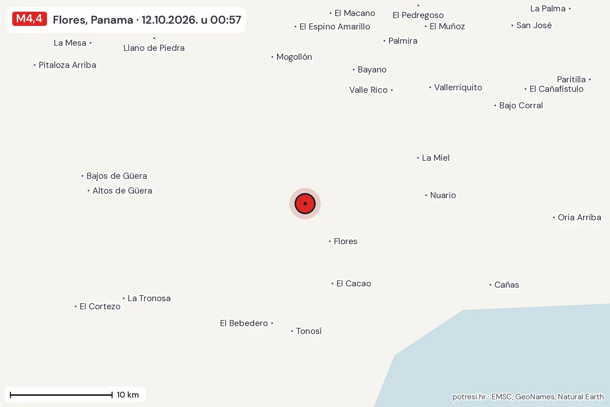 Karta: okolica epicentra, 60 km, potres M4,4, Flores, Panama, 12.10.2026.