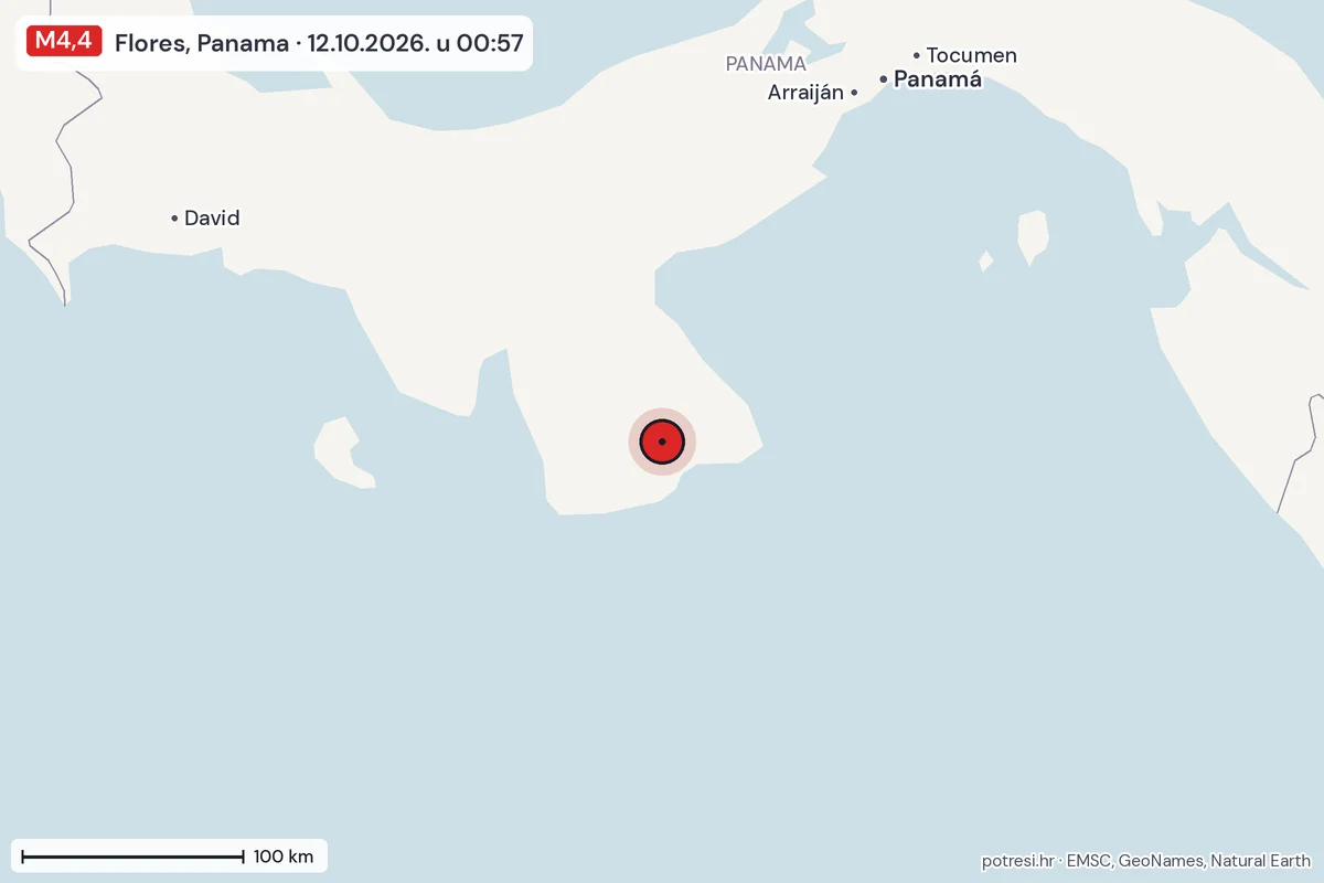 Karta: šire područje, 600 km, potres M4,4, Flores, Panama, 12.10.2026.