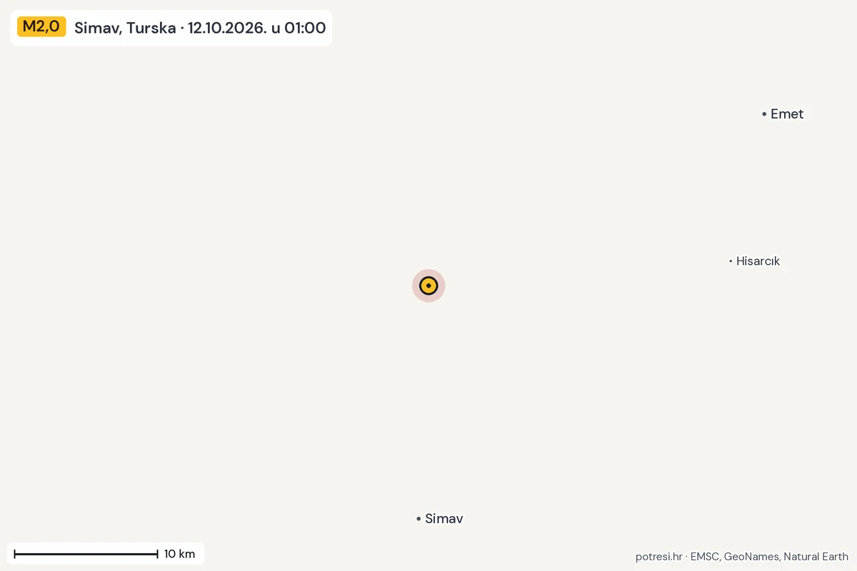 Karta: okolica epicentra, 60 km, potres M2,0, Simav, Turska, 12.10.2026.