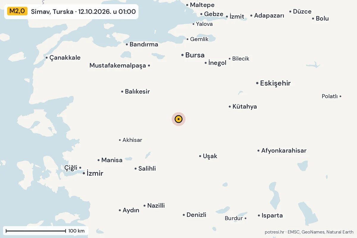 Karta: šire područje, 600 km, potres M2,0, Simav, Turska, 12.10.2026.