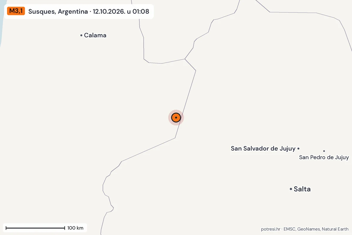 Karta: šire područje, 600 km, potres M3,1, Susques, Argentina, 12.10.2026.