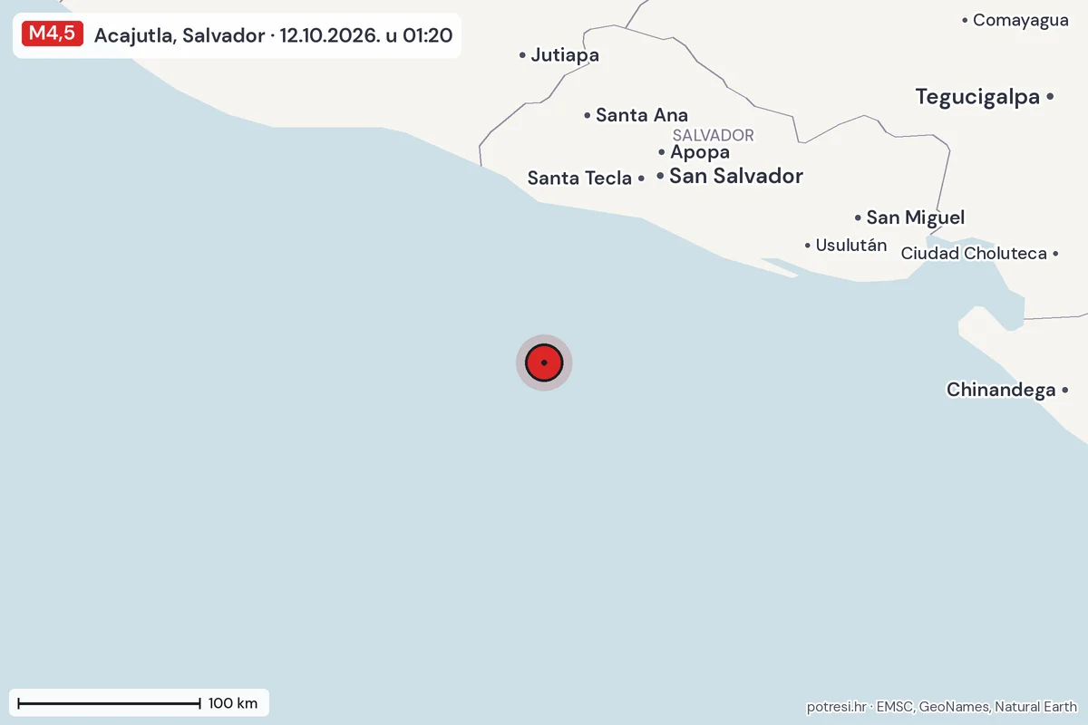Karta: šire područje, 600 km, potres M4,5, Acajutla, Salvador, 12.10.2026.