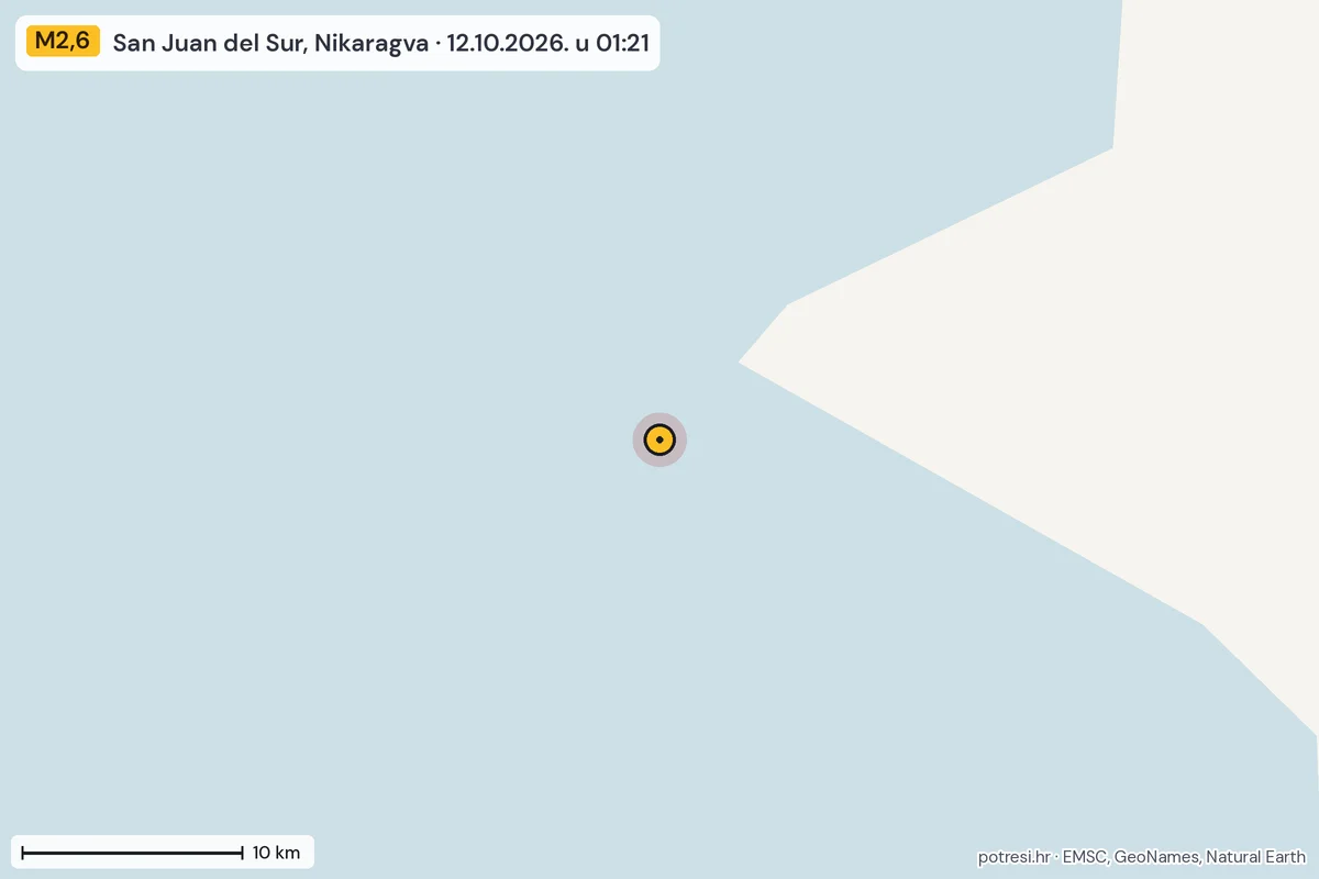 Karta: okolica epicentra, 60 km, potres M2,6, San Juan del Sur, Nikaragva, 12.10.2026.