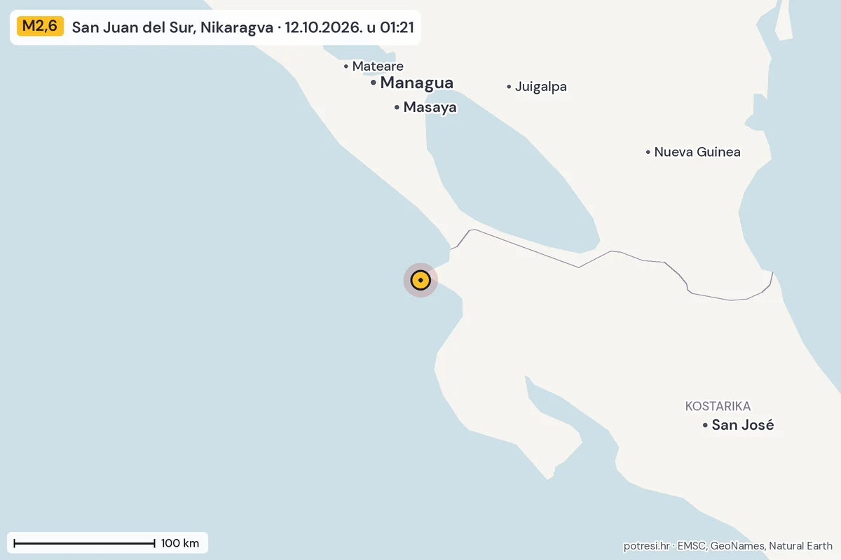 Karta: šire područje, 600 km, potres M2,6, San Juan del Sur, Nikaragva, 12.10.2026.