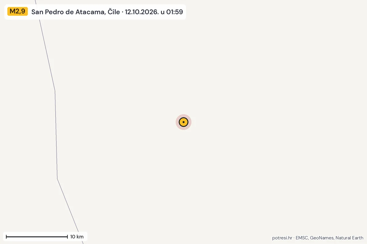 Karta: okolica epicentra, 60 km, potres M2,9, San Pedro de Atacama, Čile, 12.10.2026.