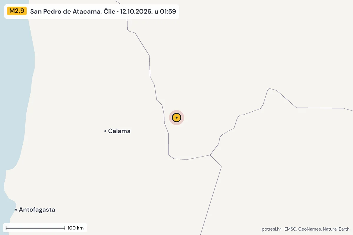 Karta: šire područje, 600 km, potres M2,9, San Pedro de Atacama, Čile, 12.10.2026.