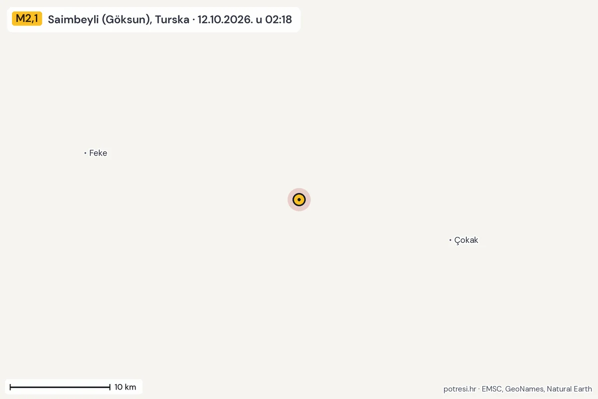 Karta: okolica epicentra, 60 km, potres M2,1, Saimbeyli (Göksun), Turska, 12.10.2026.