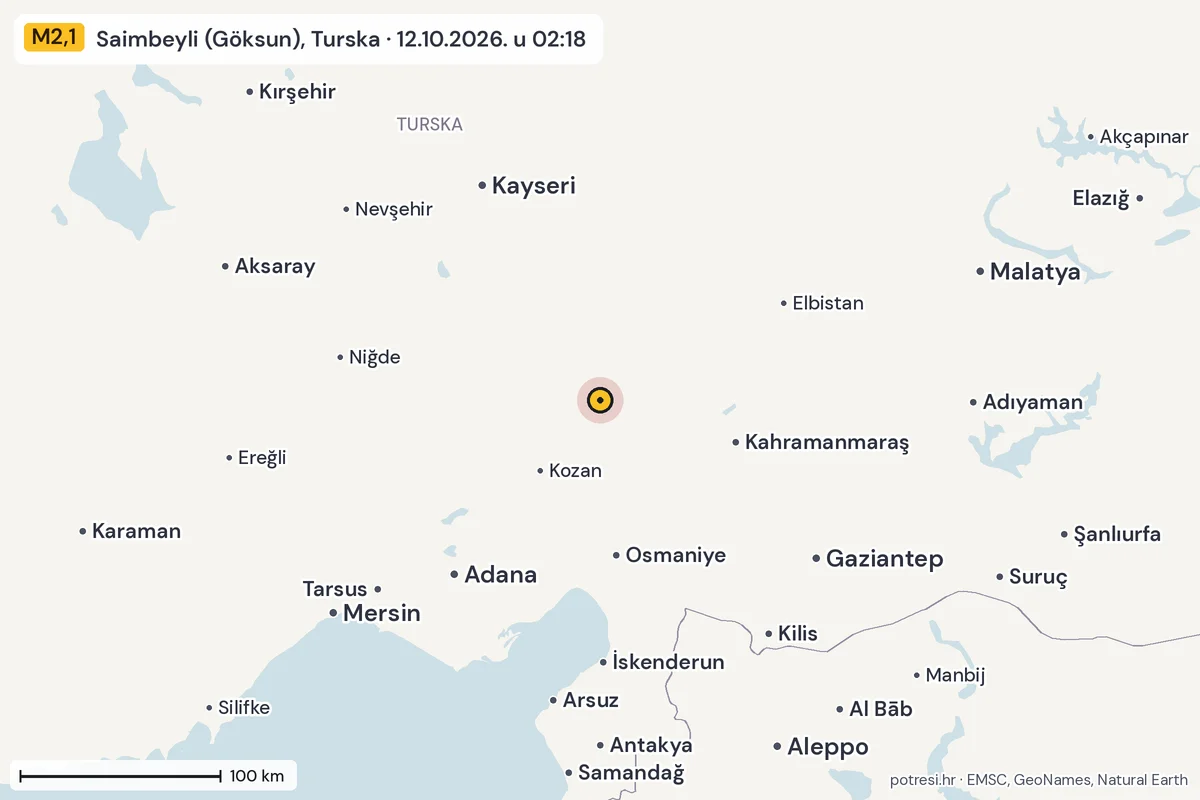 Karta: šire područje, 600 km, potres M2,1, Saimbeyli (Göksun), Turska, 12.10.2026.