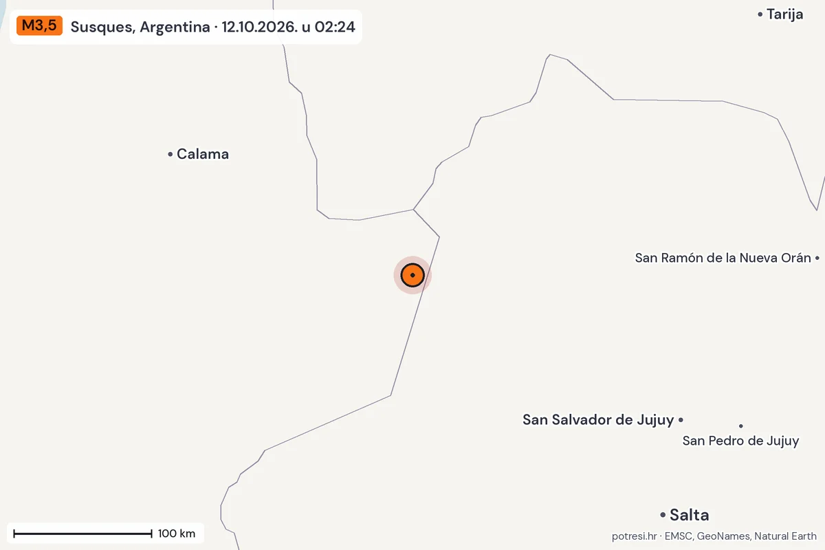 Karta: šire područje, 600 km, potres M3,5, Susques, Argentina, 12.10.2026.