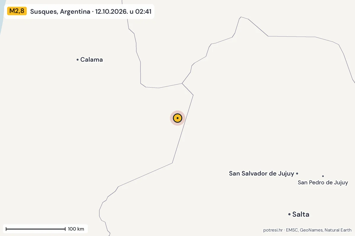 Karta: šire područje, 600 km, potres M2,8, Susques, Argentina, 12.10.2026.
