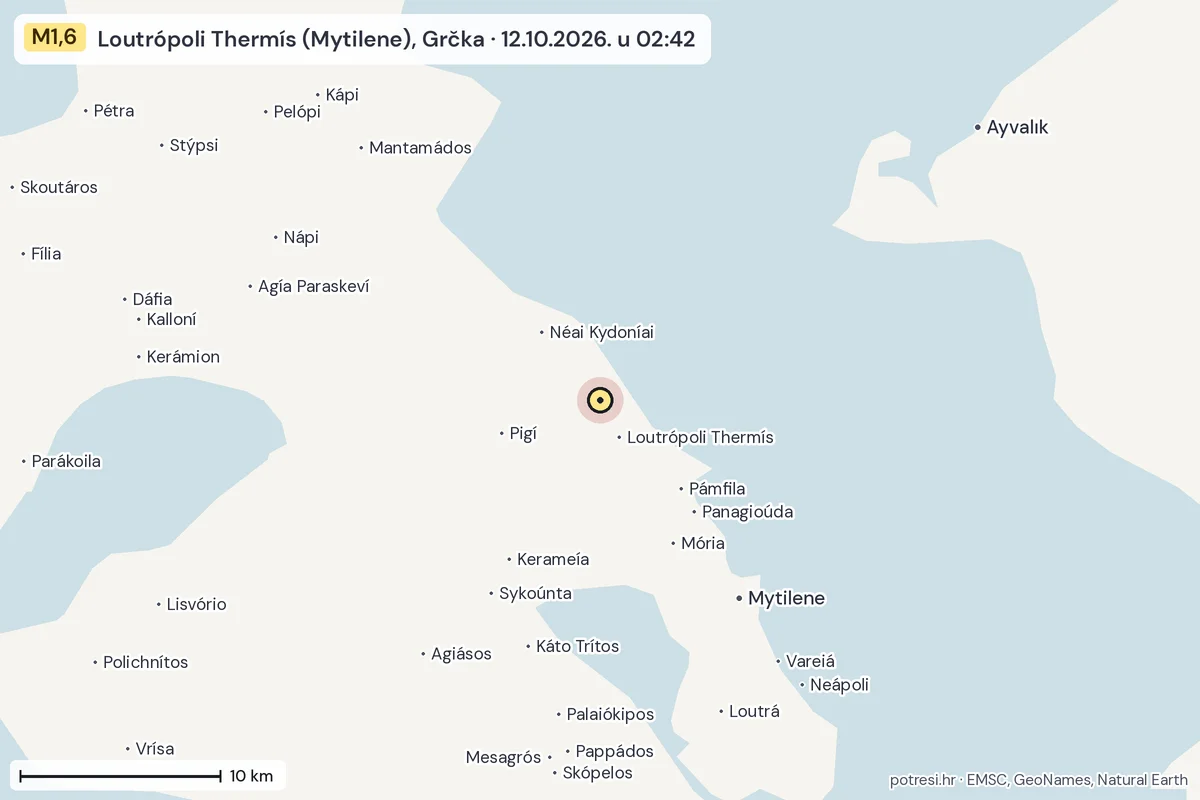 Karta: okolica epicentra, 60 km, potres M1,6, Loutrópoli Thermís (Mytilene), Grčka, 12.10.2026.