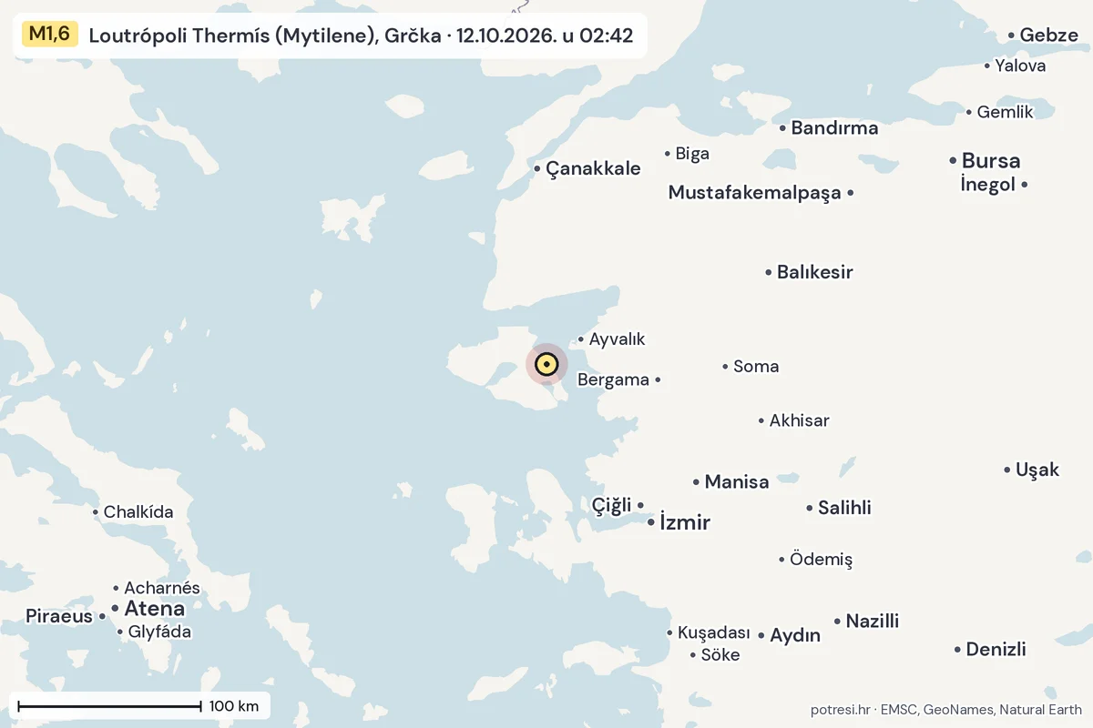 Karta: šire područje, 600 km, potres M1,6, Loutrópoli Thermís (Mytilene), Grčka, 12.10.2026.