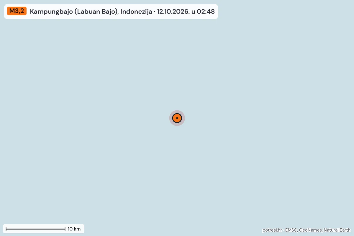 Karta: okolica epicentra, 60 km, potres M3,2, Kampungbajo (Labuan Bajo), Indonezija, 12.10.2026.