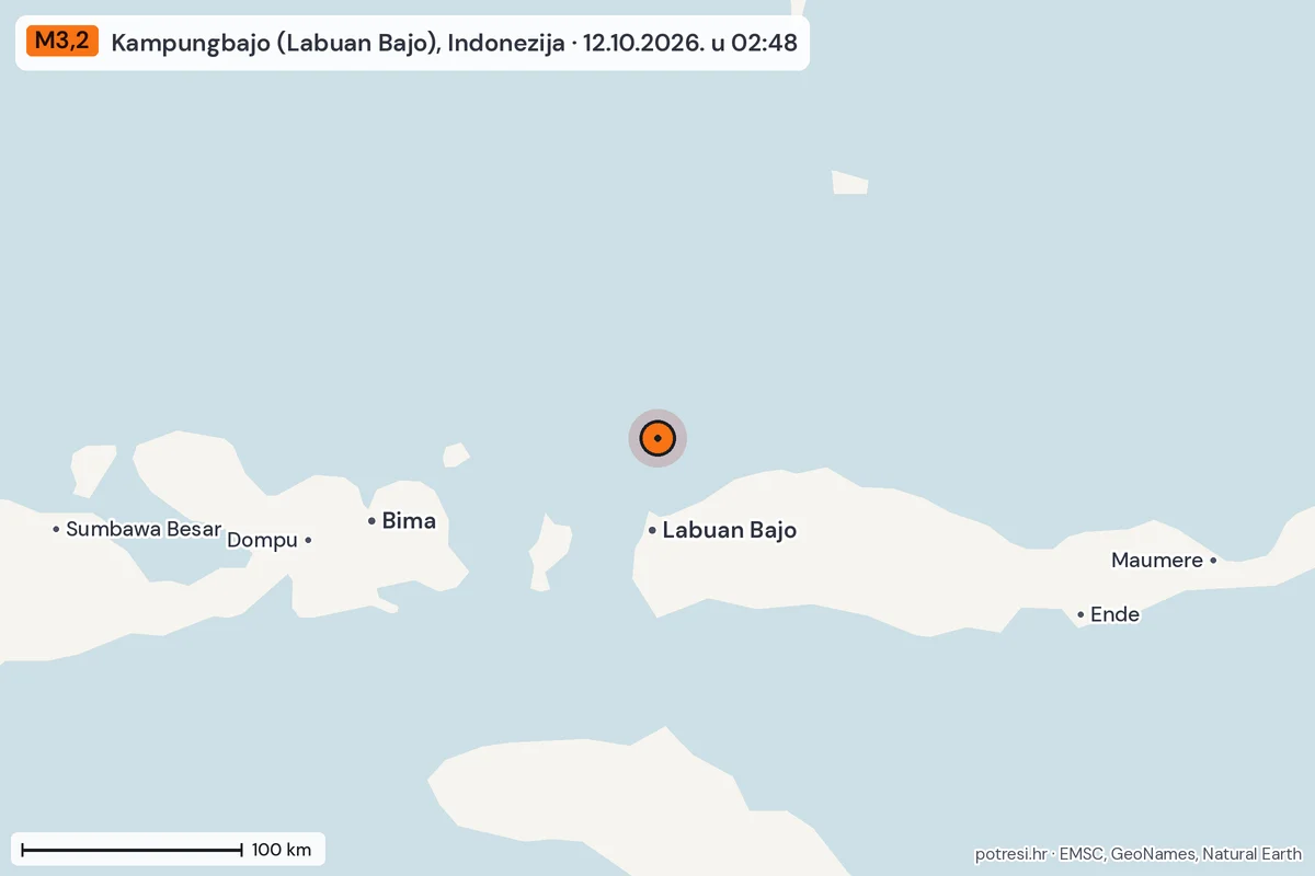 Karta: šire područje, 600 km, potres M3,2, Kampungbajo (Labuan Bajo), Indonezija, 12.10.2026.