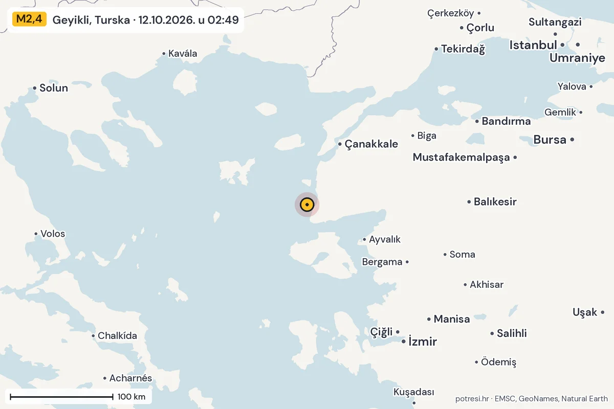 Karta: šire područje, 600 km, potres M2,4, Geyikli, Turska, 12.10.2026.