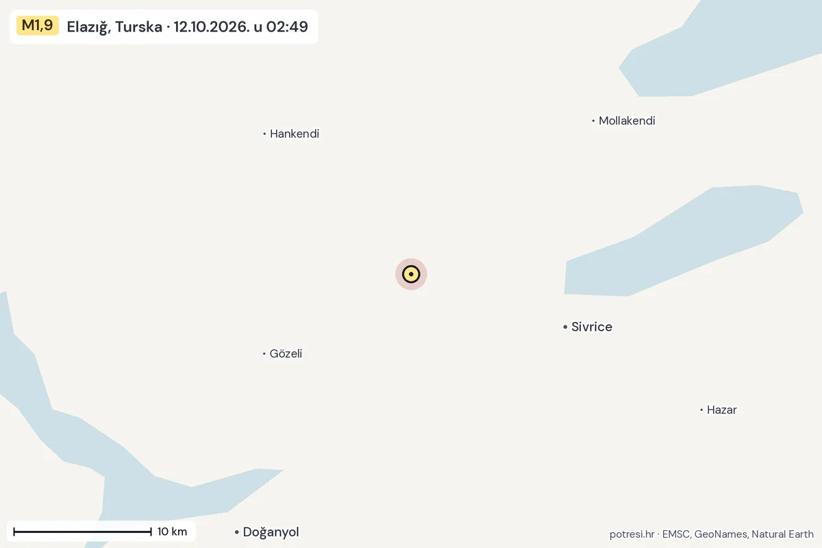 Karta: okolica epicentra, 60 km, potres M1,9, Elazığ, Turska, 12.10.2026.