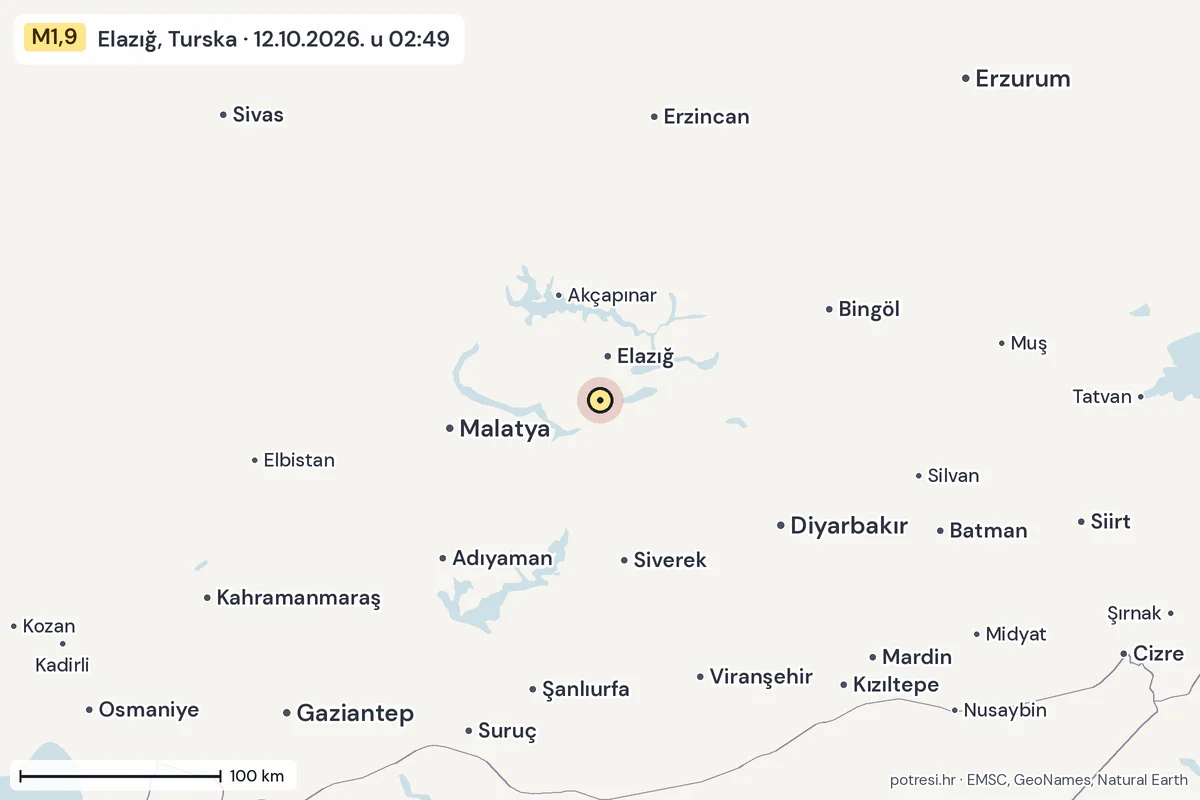 Karta: šire područje, 600 km, potres M1,9, Elazığ, Turska, 12.10.2026.
