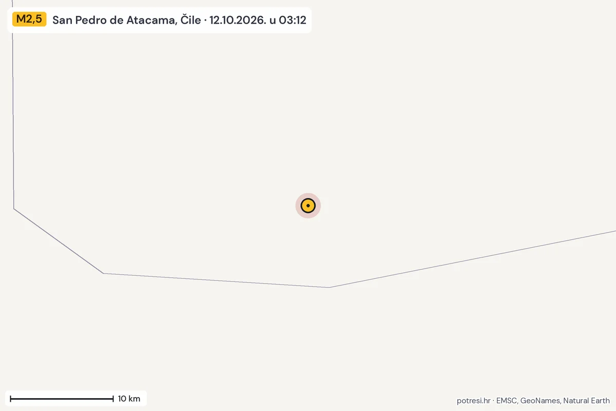 Karta: okolica epicentra, 60 km, potres M2,5, San Pedro de Atacama, Čile, 12.10.2026.