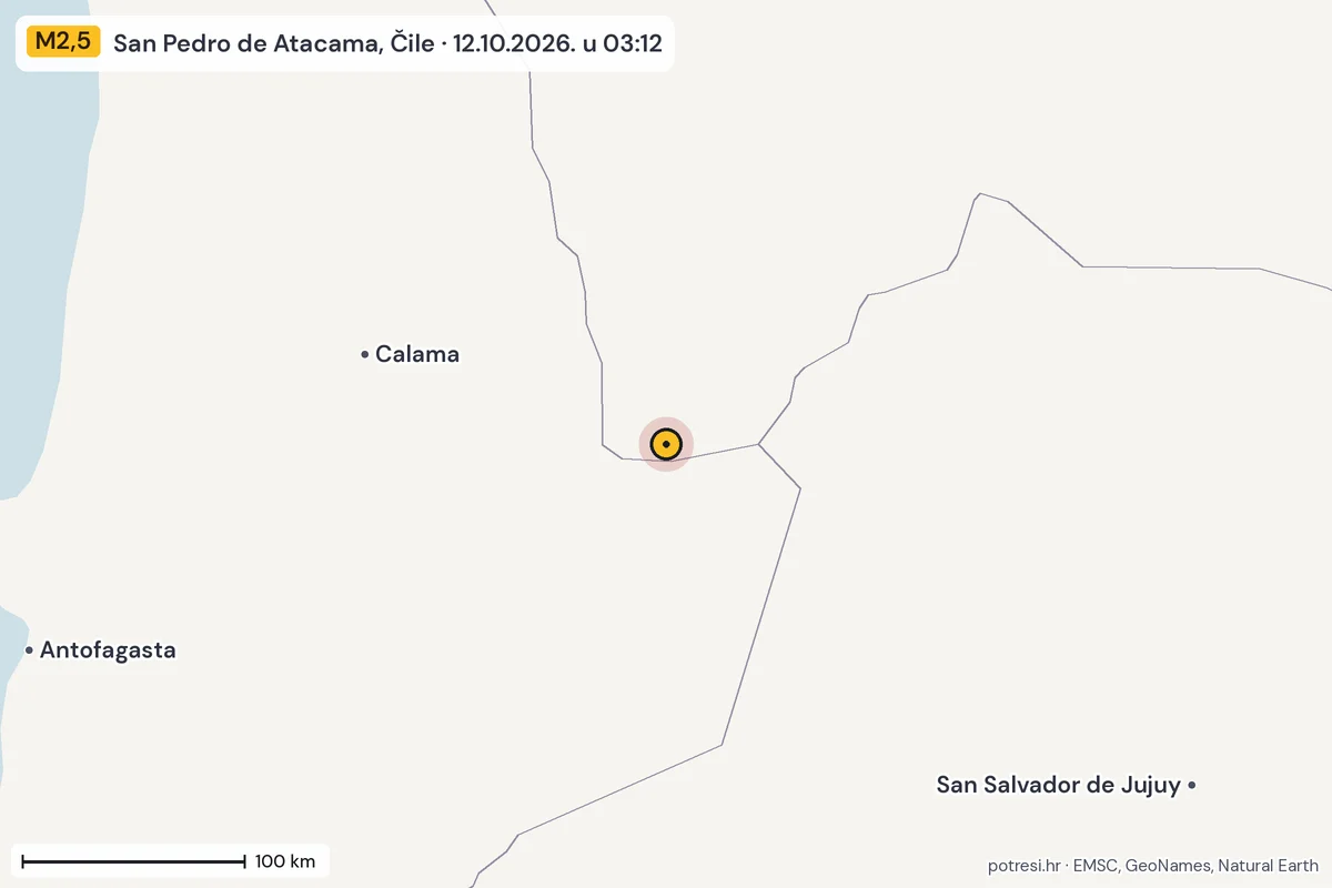 Karta: šire područje, 600 km, potres M2,5, San Pedro de Atacama, Čile, 12.10.2026.