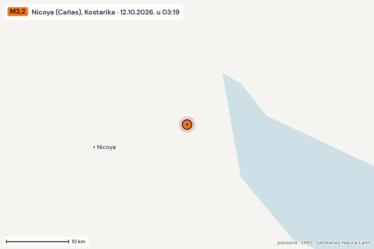 Karta: okolica epicentra, 60 km, potres M3,2, Nicoya (Cañas), Kostarika, 12.10.2026.