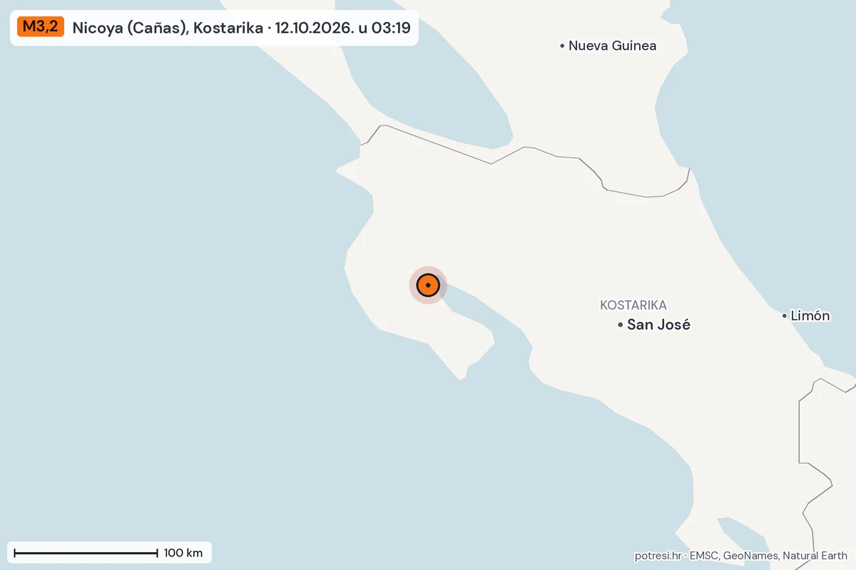 Karta: šire područje, 600 km, potres M3,2, Nicoya (Cañas), Kostarika, 12.10.2026.