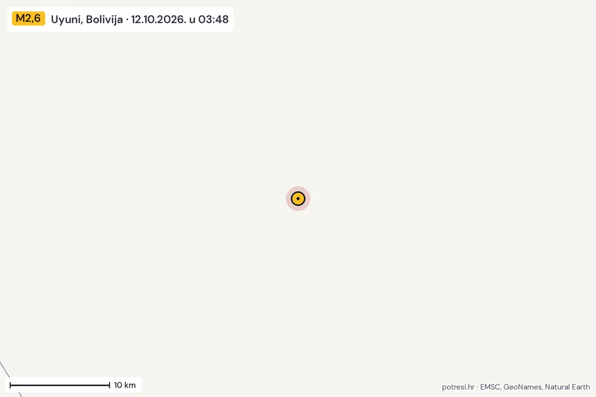 Karta: okolica epicentra, 60 km, potres M2,6, Uyuni, Bolivija, 12.10.2026.