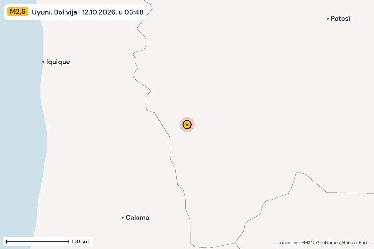 Karta: šire područje, 600 km, potres M2,6, Uyuni, Bolivija, 12.10.2026.