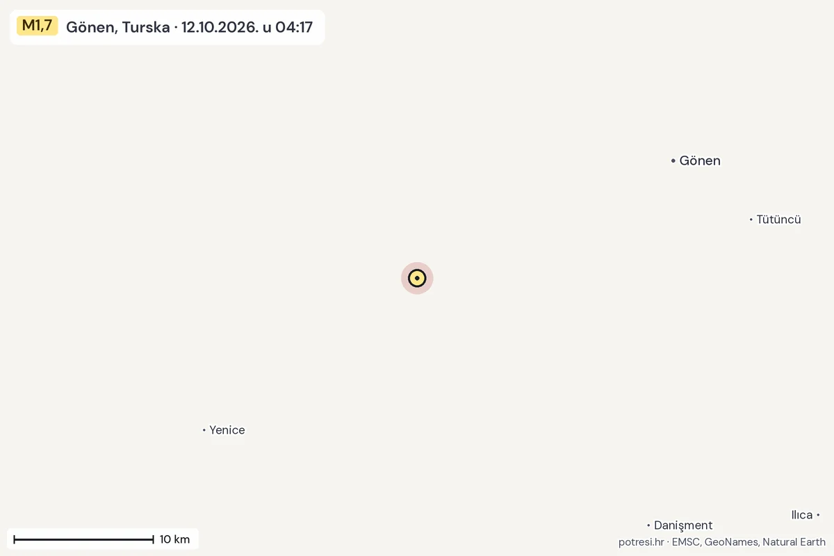 Karta: okolica epicentra, 60 km, potres M1,7, Gönen, Turska, 12.10.2026.