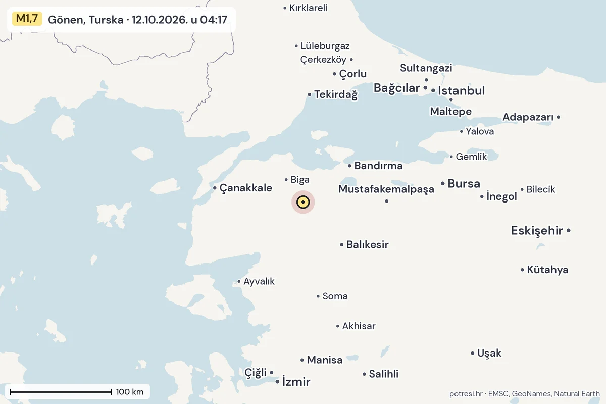 Karta: šire područje, 600 km, potres M1,7, Gönen, Turska, 12.10.2026.