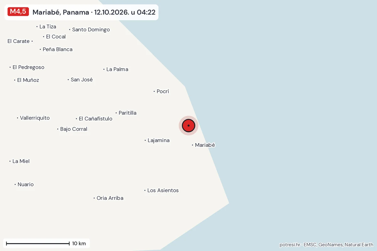Karta: okolica epicentra, 60 km, potres M4,5, Mariabé, Panama, 12.10.2026.