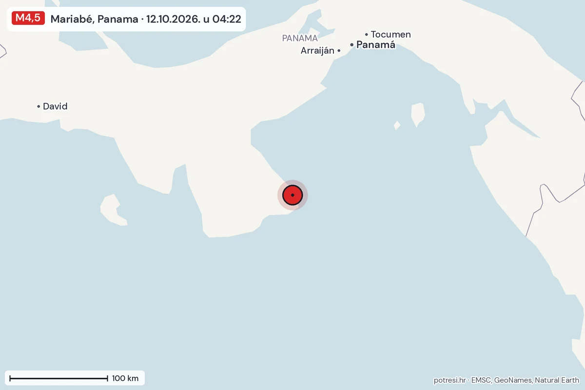 Karta: šire područje, 600 km, potres M4,5, Mariabé, Panama, 12.10.2026.