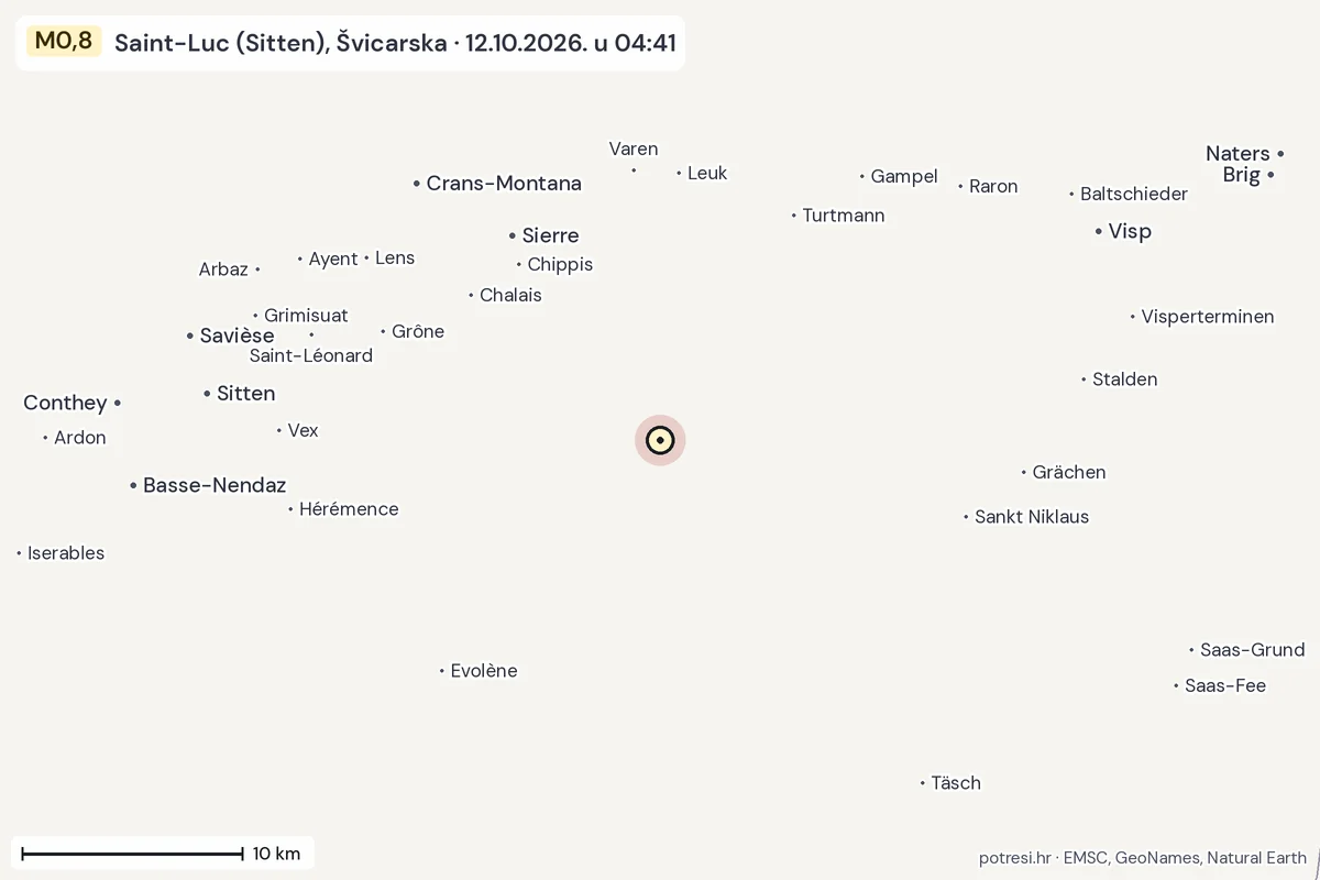 Karta: okolica epicentra, 60 km, potres M0,8, Saint-Luc (Sitten), Švicarska, 12.10.2026.