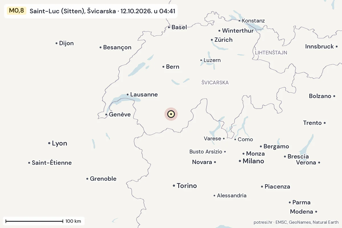 Karta: šire područje, 600 km, potres M0,8, Saint-Luc (Sitten), Švicarska, 12.10.2026.