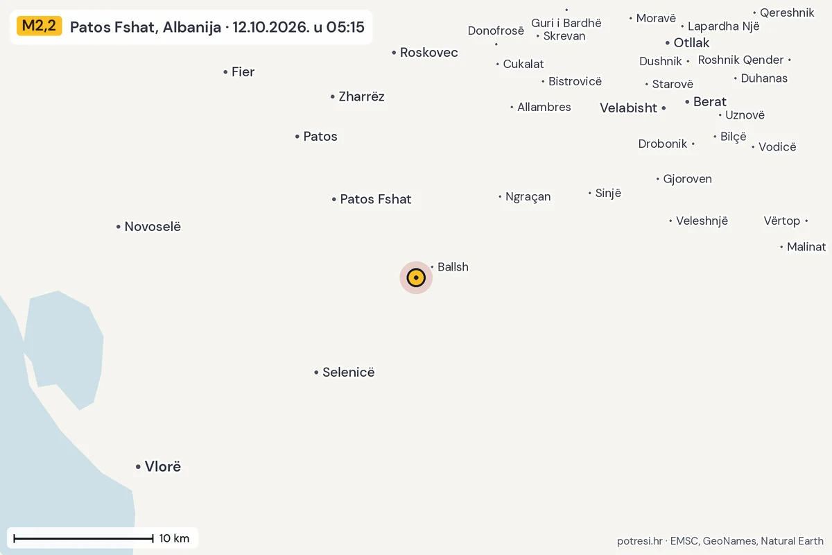 Karta: okolica epicentra, 60 km, potres M2,2, Patos Fshat, Albanija, 12.10.2026.