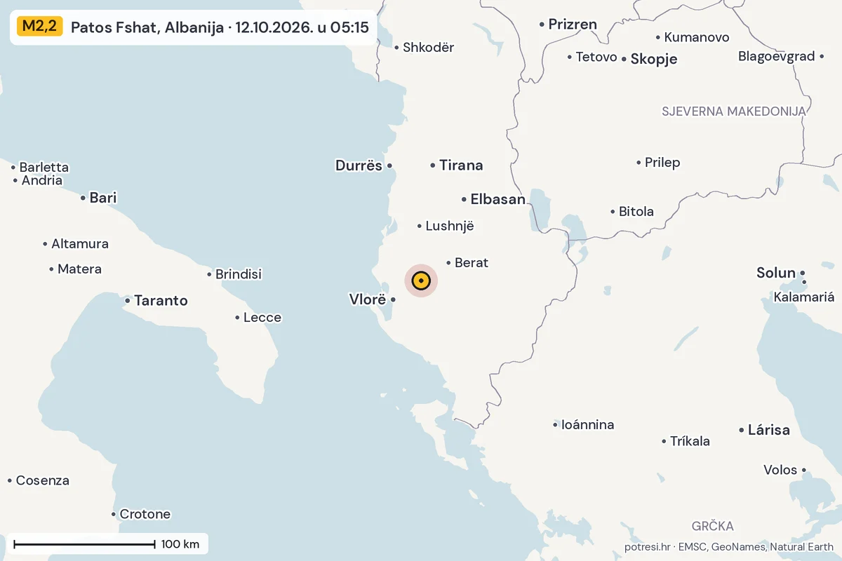 Karta: šire područje, 600 km, potres M2,2, Patos Fshat, Albanija, 12.10.2026.