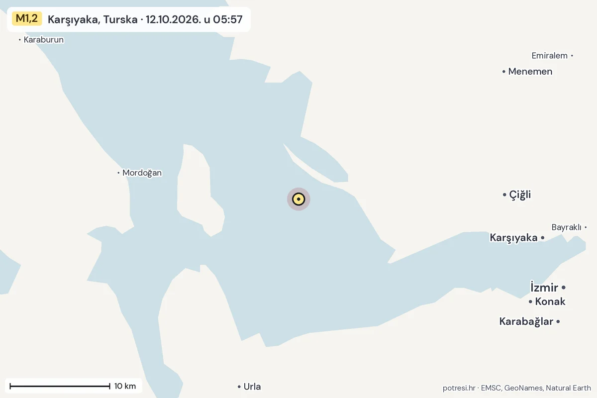 Karta: okolica epicentra, 60 km, potres M1,2, Karşıyaka, Turska, 12.10.2026.