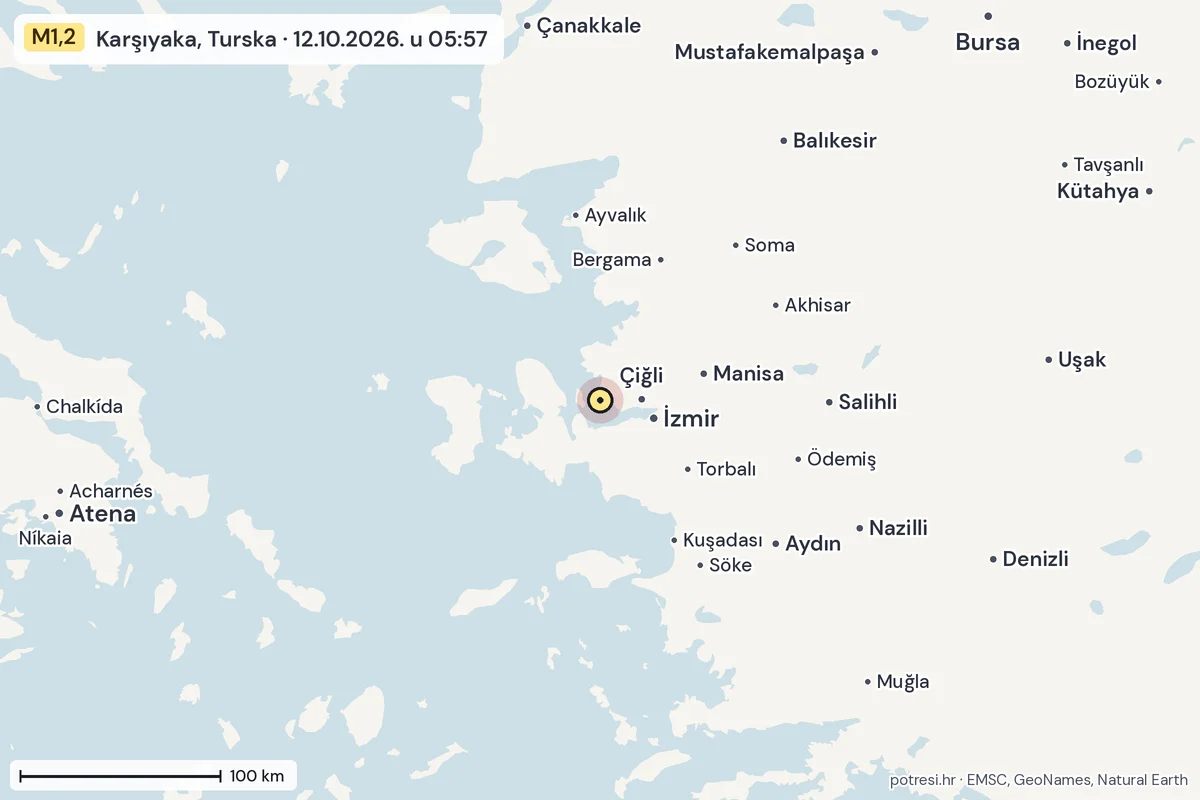 Karta: šire područje, 600 km, potres M1,2, Karşıyaka, Turska, 12.10.2026.