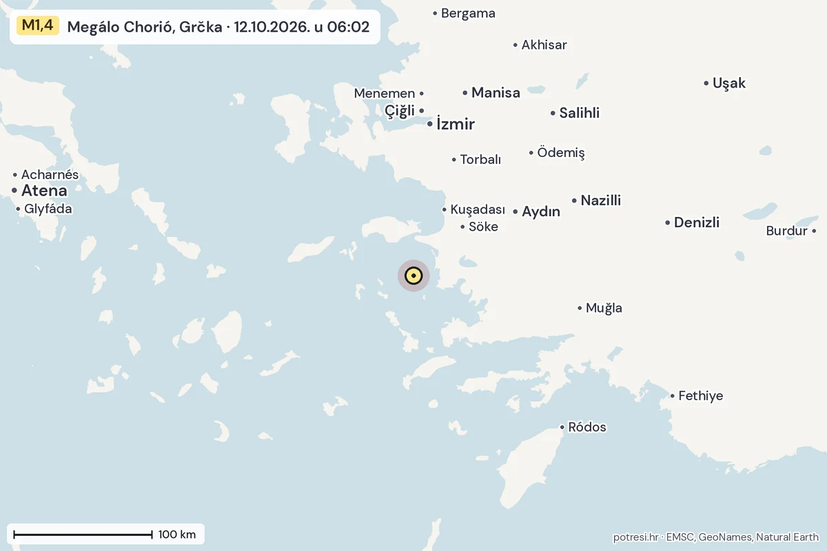 Karta: šire područje, 600 km, potres M1,4, Megálo Chorió, Grčka, 12.10.2026.