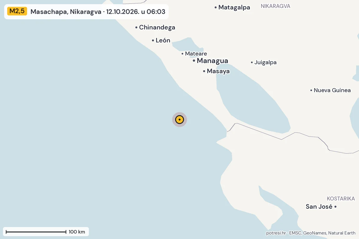 Karta: šire područje, 600 km, potres M2,5, Masachapa, Nikaragva, 12.10.2026.