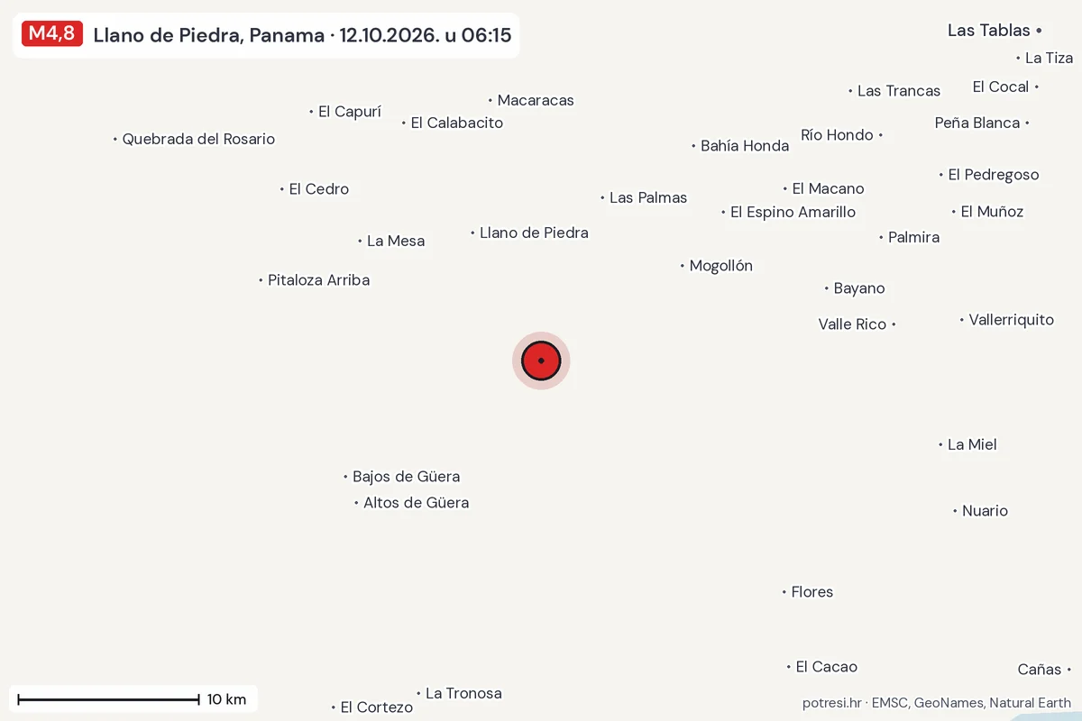 Karta: okolica epicentra, 60 km, potres M4,8, Llano de Piedra, Panama, 12.10.2026.