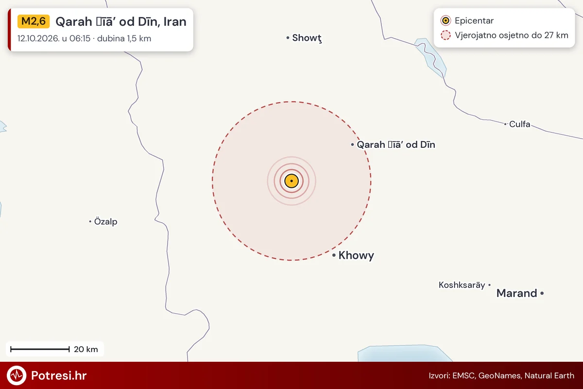 Karta: šire područje i vjerojatni doseg osjeta, potres M2,6, Qarah Ẕīā’ od Dīn, Iran, 12.10.2026.