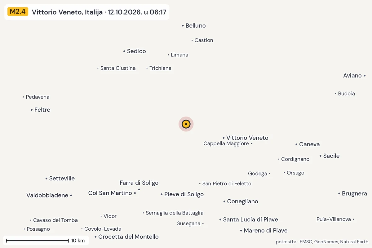 Karta: okolica epicentra, 60 km, potres M2,4, Vittorio Veneto, Italija, 12.10.2026.