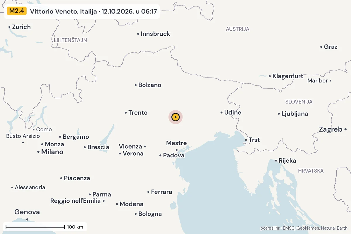 Karta: šire područje, 600 km, potres M2,4, Vittorio Veneto, Italija, 12.10.2026.