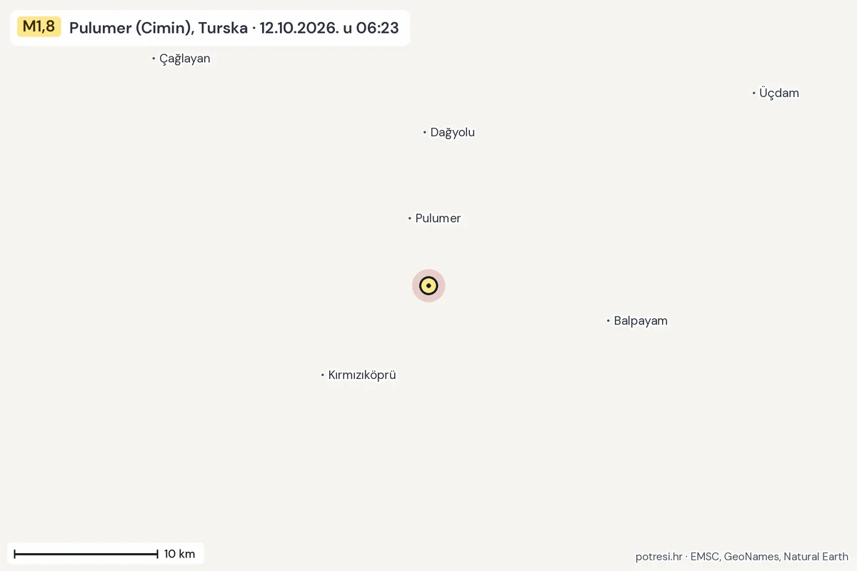 Karta: okolica epicentra, 60 km, potres M1,8, Pulumer (Cimin), Turska, 12.10.2026.